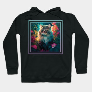 Gorgeous Maine Coon Cat Vibrant Tropical Flower Neon Digital Oil Painting Pet Portrait Hoodie